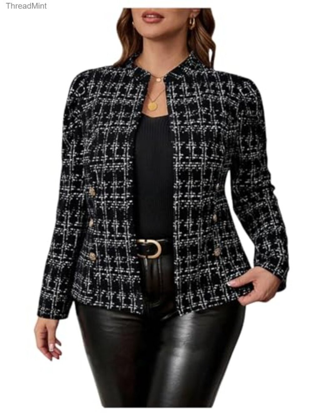 Plus Size Plaid Blazer Open Front Puff Sleeve Work Office